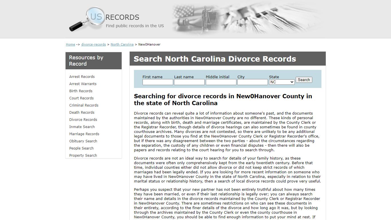 Search Divorce Records New Hanover North Carolina | US Records